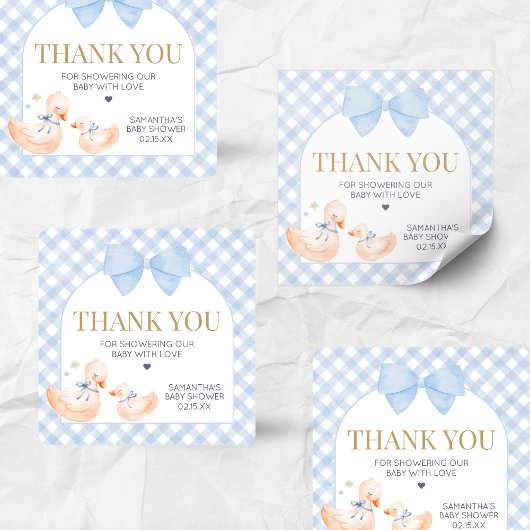 Blue Gingham Silly Goose Baby Shower スクエアシール