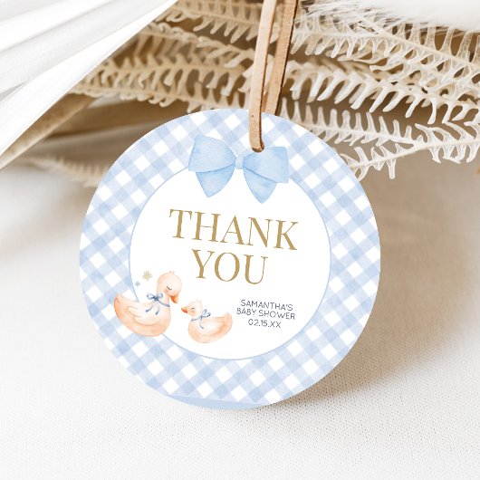 Blue Gingham Silly Goose Baby Shower フェイバータグ