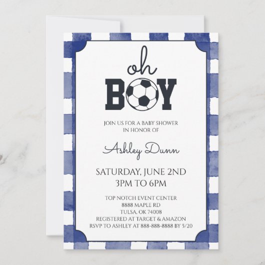 Blue Gingham Soccer Baby Shower 招待状 (正面)