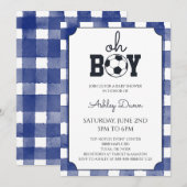 Blue Gingham Soccer Baby Shower 招待状 (正面/裏面)