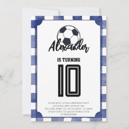 Blue Gingham Soccer Birthday Party 招待状