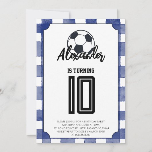 Blue Gingham Soccer Birthday Party 招待状 (正面)