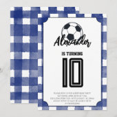 Blue Gingham Soccer Birthday Party 招待状 (正面/裏面)