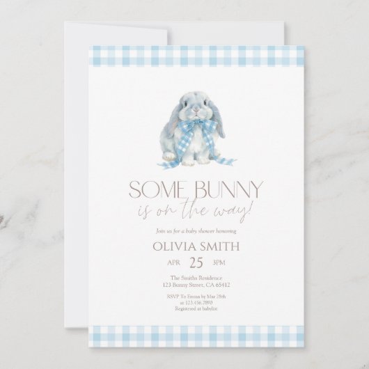 Blue Gingham Some Bunny Baby Shower 招待状 (正面)