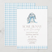 Blue Gingham Some Bunny Baby Shower 招待状 (正面/裏面)