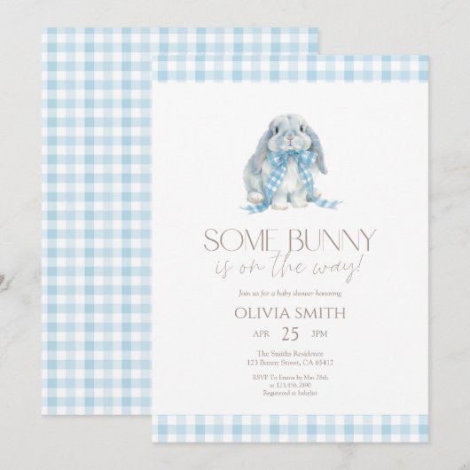 Blue Gingham Some Bunny Baby Shower 招待状 (正面/裏面)