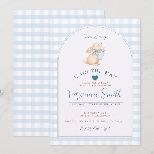 Blue Gingham Some Bunny Is On the Way Baby Shower 招待状 (正面/裏面)