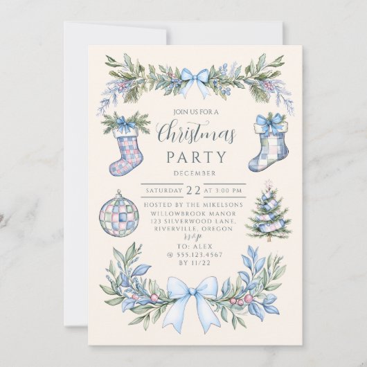 Blue Gingham Stocking Christmas 招待状 (正面)