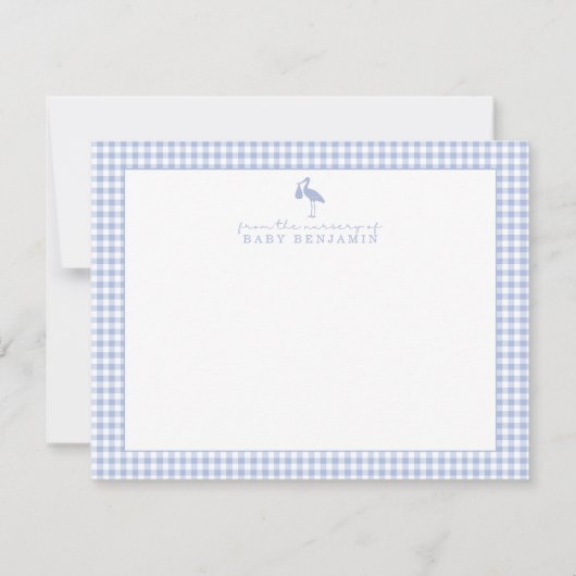 Blue Gingham Stork Nursery Note Card 招待状 (正面)