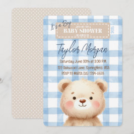 Blue Gingham Teddy Bear 招待状