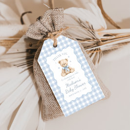 Blue Gingham Teddy Bear Baby Shower ギフトタグ