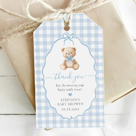 Blue Gingham Teddy Bear Baby Shower  ギフトタグ