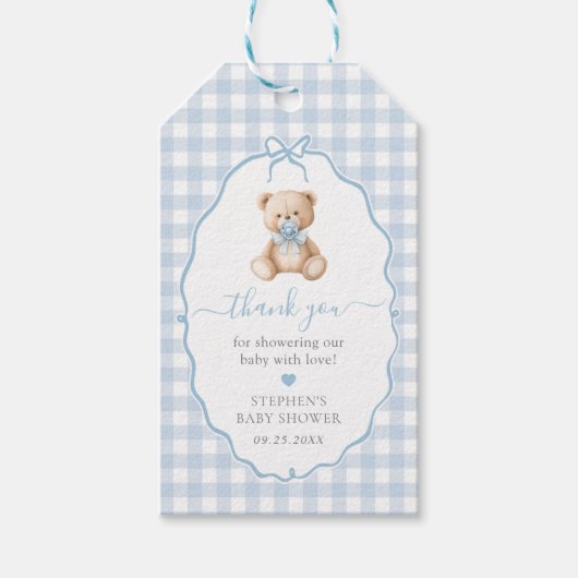 Blue Gingham Teddy Bear Baby Shower  ギフトタグ (正面)