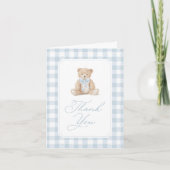 Blue Gingham Teddy Bear Baby Shower サンキューカード (正面)