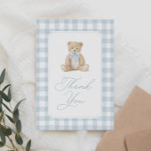 Blue Gingham Teddy Bear Baby Shower サンキューカード