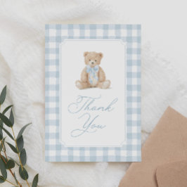 Blue Gingham Teddy Bear Baby Shower サンキューカード