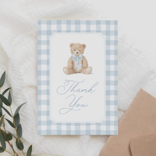 Blue Gingham Teddy Bear Baby Shower サンキューカード
