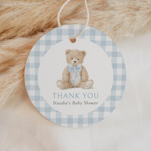 Blue Gingham Teddy Bear Baby Shower フェイバータグ