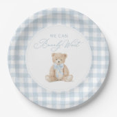 Blue Gingham Teddy Bear Baby Shower ペーパープレート (正面)