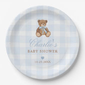 Blue Gingham Teddy Bear Baby Shower ペーパープレート (正面)