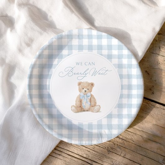 Blue Gingham Teddy Bear Baby Shower ペーパープレート