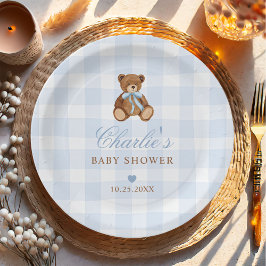 Blue Gingham Teddy Bear Baby Shower ペーパープレート