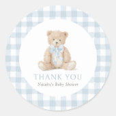 Blue Gingham Teddy Bear Baby Shower ラウンドシール (正面)