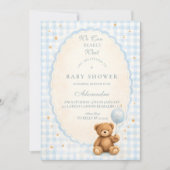 Blue Gingham Teddy Bear Baby Shower 招待状 (正面)