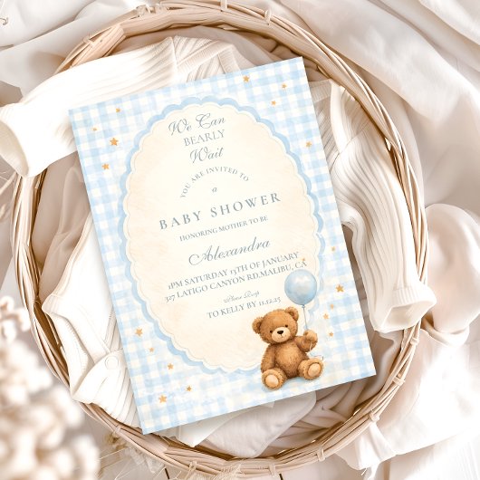 Blue Gingham Teddy Bear Baby Shower 招待状