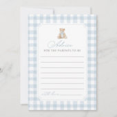 Blue Gingham Teddy Bear Baby Shower Advice Card 招待状 (正面)