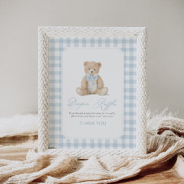 Blue Gingham Teddy Bear Baby Shower Diaper Raffle ポスター