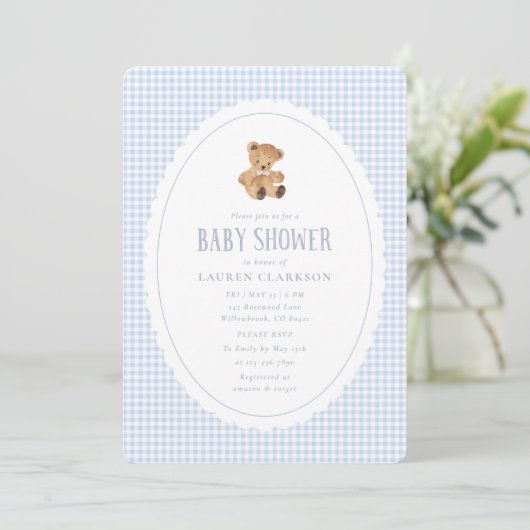 Blue Gingham Teddy Bear Baby Shower Invitation 案内状 (スタンド正面)