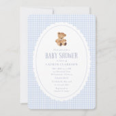 Blue Gingham Teddy Bear Baby Shower Invitation 案内状 (正面)
