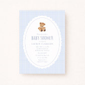Blue Gingham Teddy Bear Baby Shower Invitation 案内状