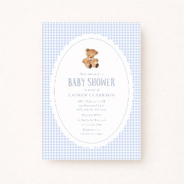 Blue Gingham Teddy Bear Baby Shower Invitation 案内状