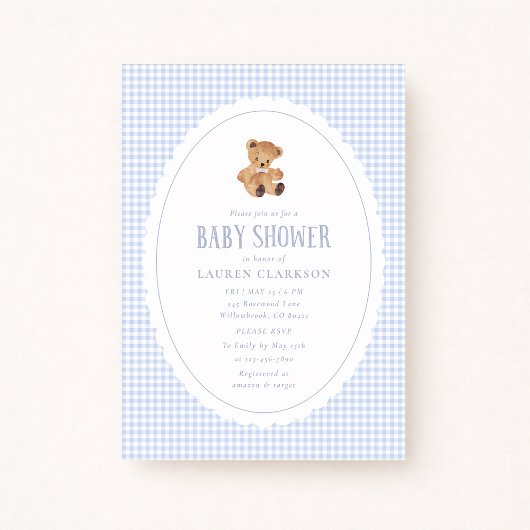 Blue Gingham Teddy Bear Baby Shower Invitation 案内状