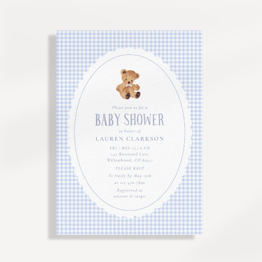 Blue Gingham Teddy Bear Baby Shower Invitation 案内状