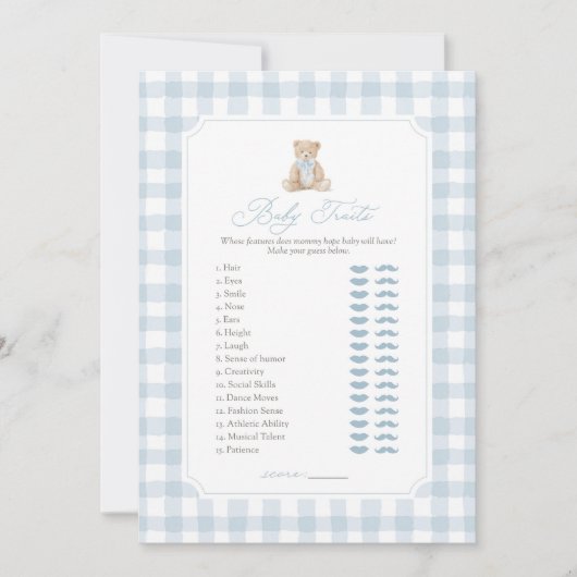 Blue Gingham Teddy Bear Baby Traits Game 招待状 (正面)