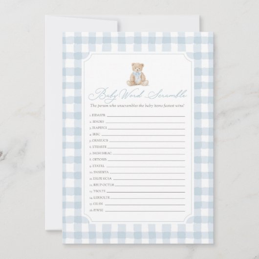 Blue Gingham Teddy Bear Baby Word Scramble Game 招待状 (正面)