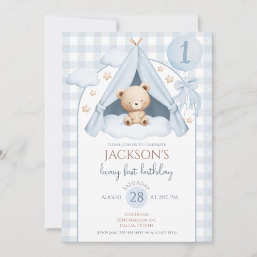 Blue Gingham Teddy Bear Balloon Boy 1st Birthday 招待状 (正面)