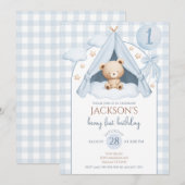 Blue Gingham Teddy Bear Balloon Boy 1st Birthday 招待状 (正面/裏面)