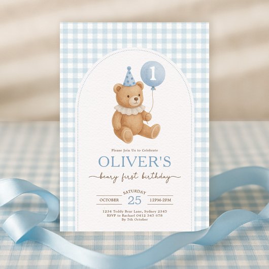 Blue Gingham Teddy Bear Balloon Boy 1st Birthday 招待状