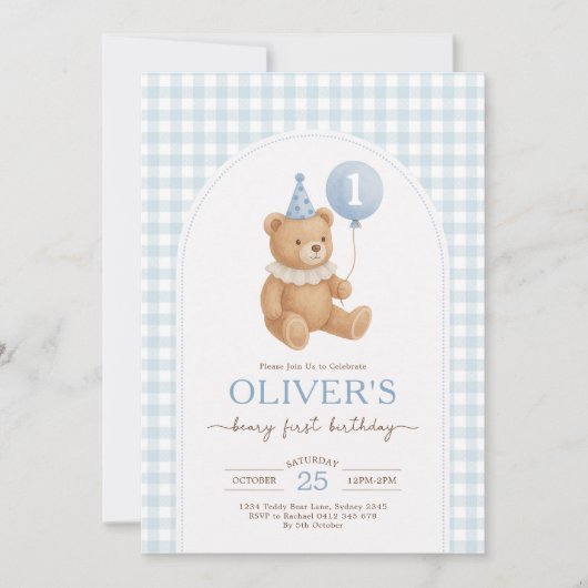 Blue Gingham Teddy Bear Balloon Boy 1st Birthday 招待状 (正面)