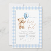 Blue Gingham Teddy Bear Balloon Boy 1st Birthday 招待状 (正面)