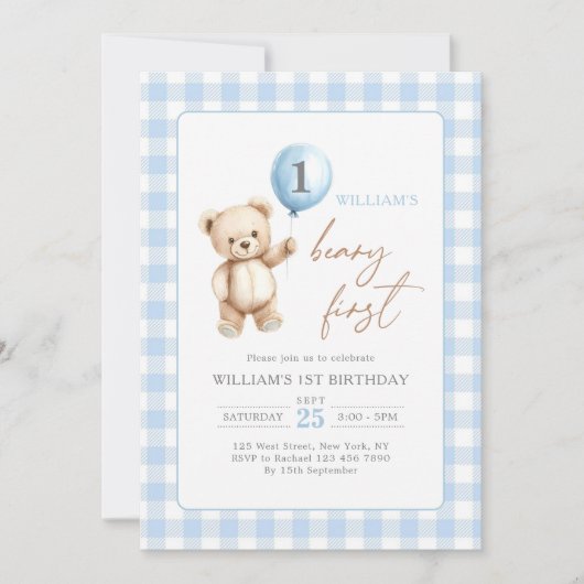 Blue Gingham Teddy Bear Balloon Boy 1st Birthday 招待状 (正面)
