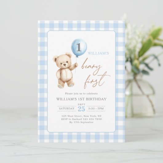 Blue Gingham Teddy Bear Balloon Boy 1st Birthday 招待状 (スタンド正面)