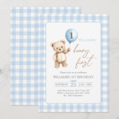 Blue Gingham Teddy Bear Balloon Boy 1st Birthday 招待状 (正面/裏面)