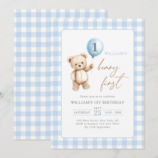 Blue Gingham Teddy Bear Balloon Boy 1st Birthday 招待状 (正面/裏面)