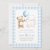 Blue Gingham Teddy Bear Balloon Boy Baby Shower 招待状 (正面)