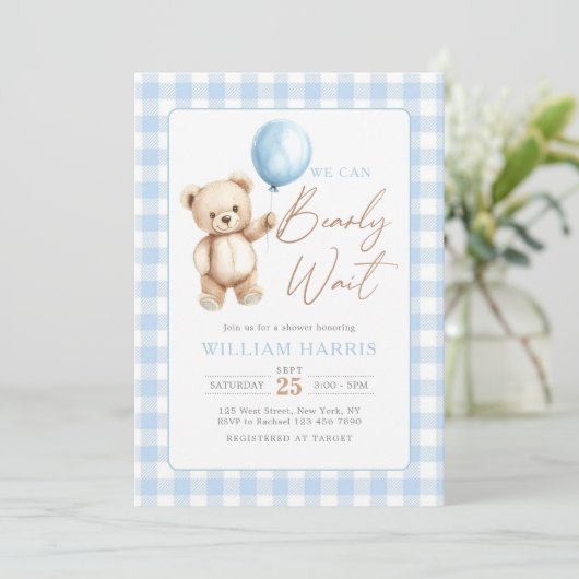 Blue Gingham Teddy Bear Balloon Boy Baby Shower 招待状 (スタンド正面)